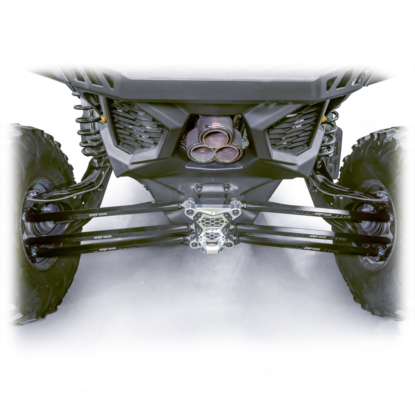 Installed barrel radius rod kit under rear control arm of Maverick X3 Full view