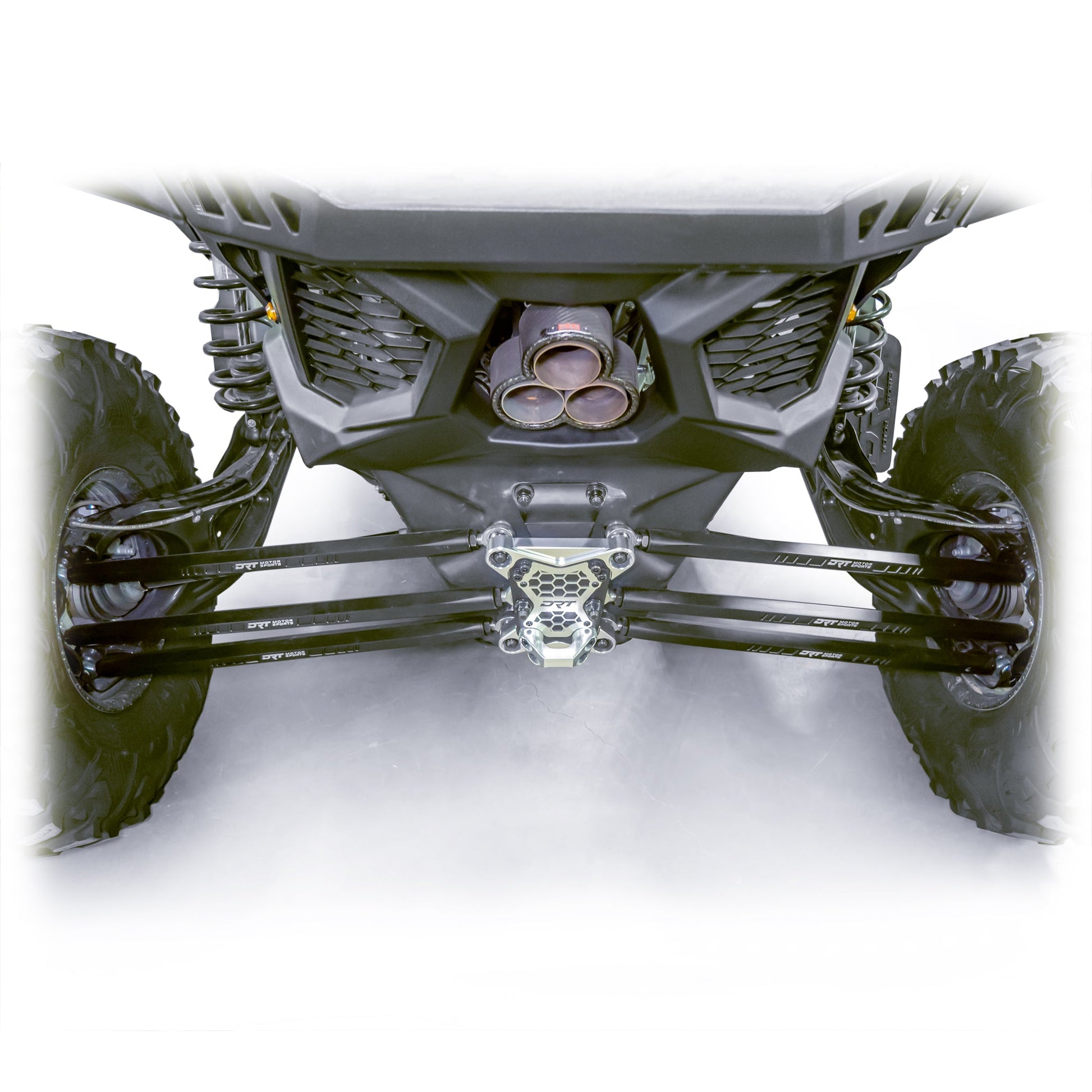 Installed barrel radius rod kit under rear control arm of Maverick X3 Full view