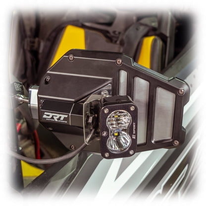 Tactical mirror light bracket kit installed on UTV mirror with light mounted