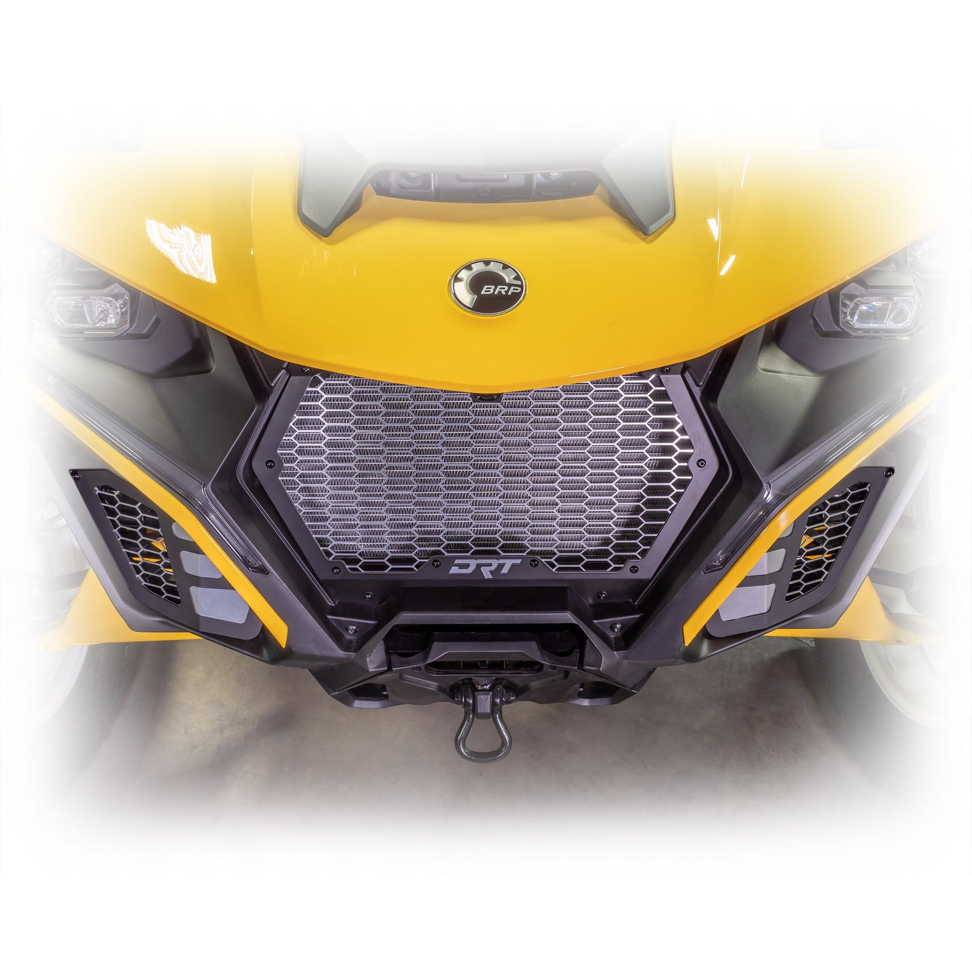 Aluminum front grill kit by DRT for Maverick R, enhances cooling and protection for off-road build