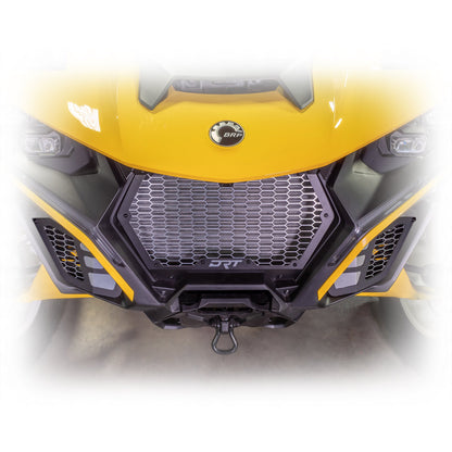 Aluminum front grill kit by DRT for Maverick R, enhances cooling and protection for off-road build
