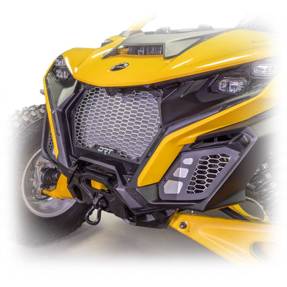 DRT Motorsports front grill for Maverick R, 3-piece aluminum set protects center and side vents