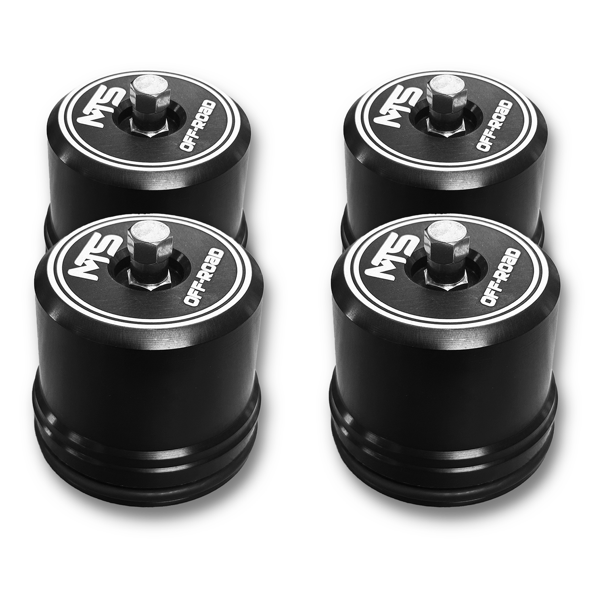 CNC-machined MTS Off-Road high Volume reservoir caps compatible with Fox shocks for UTV suspension upgrade.