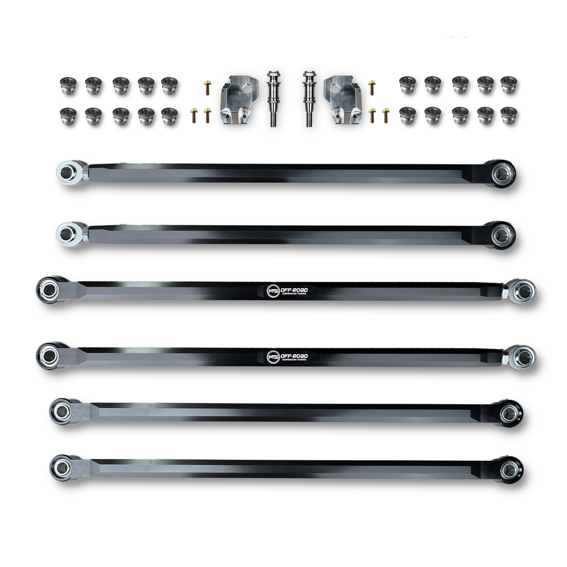 Precision-machined MTS Off-Road radius rods for Can-Am Maverick R UTV suspension upgrade.