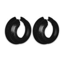 Two black billet collers on a white background