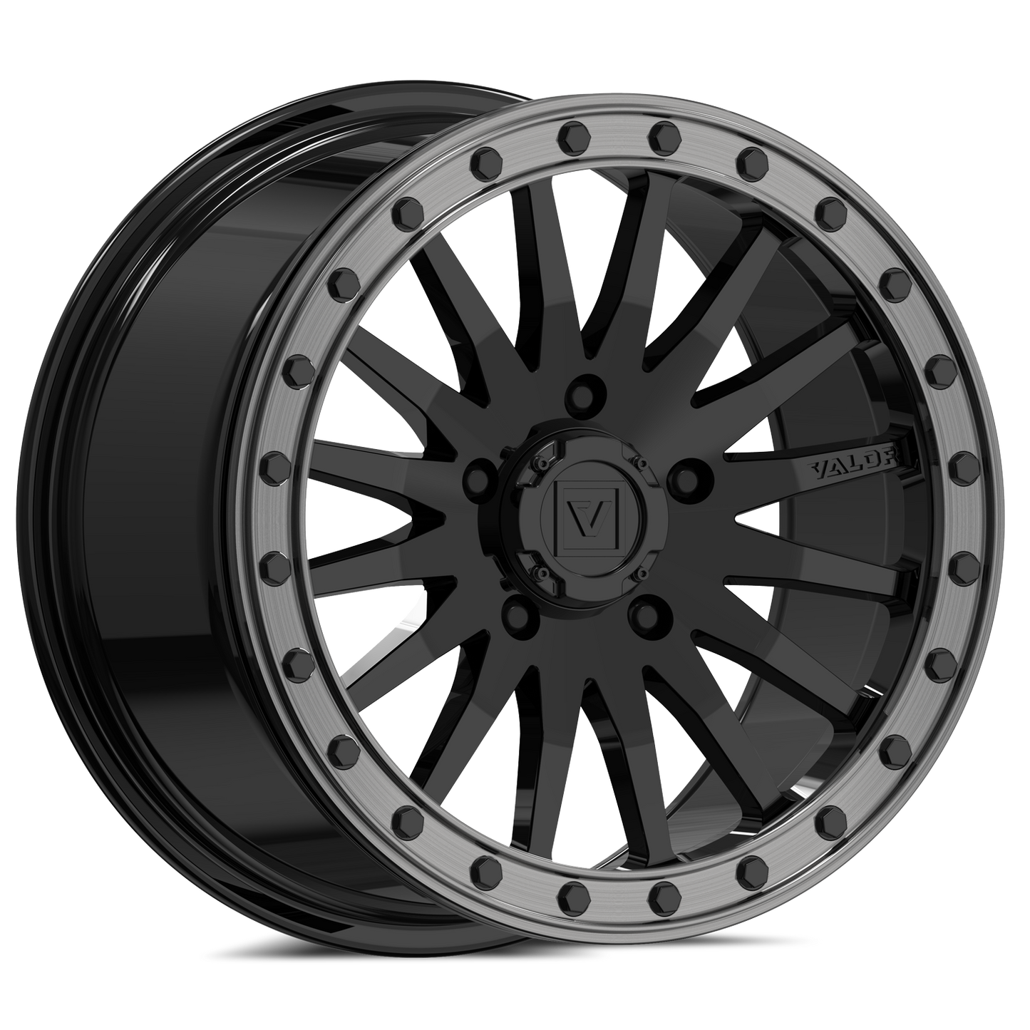 Gloss Black Valor V06 Beadlock UTV Wheel for side-by-sides, engineered for durability and off-road performance.