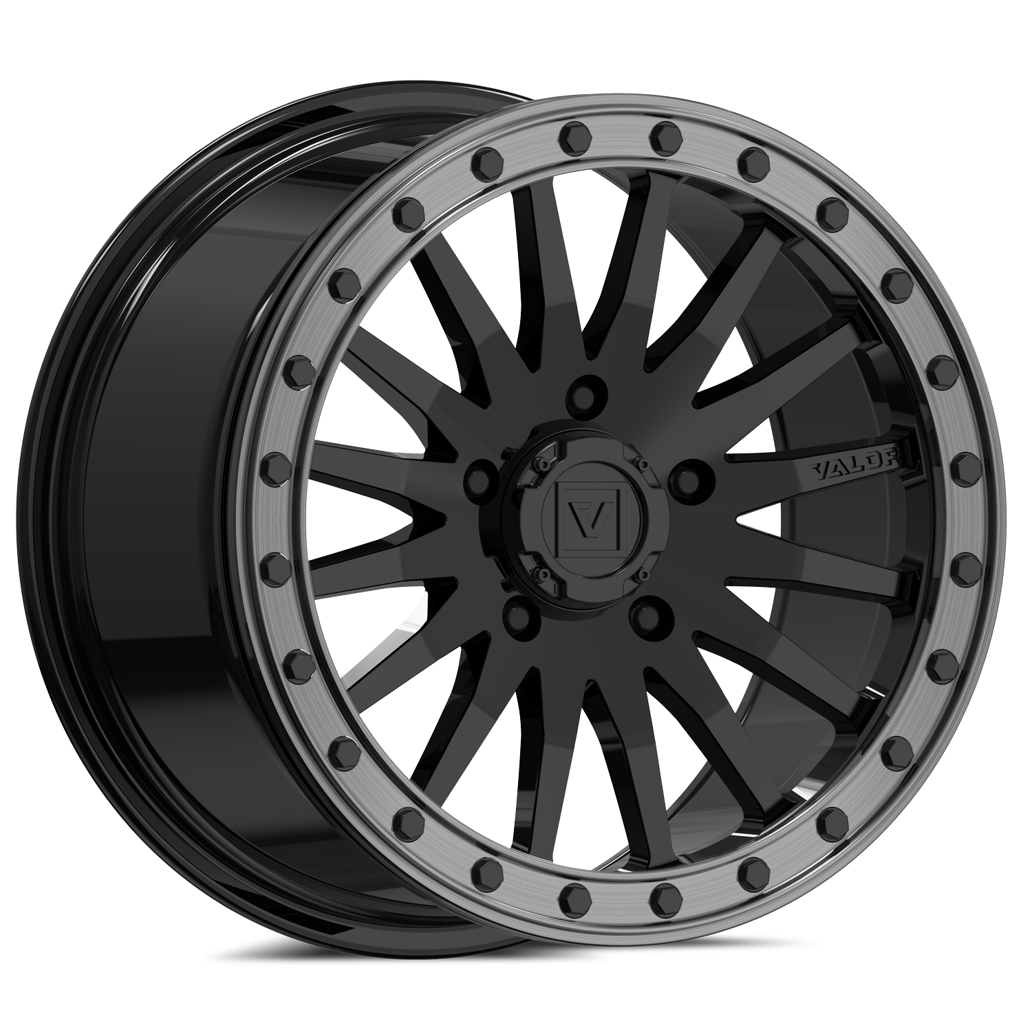 Gloss Black Valor V06 Beadlock UTV Wheel for side-by-sides, engineered for durability and off-road performance.