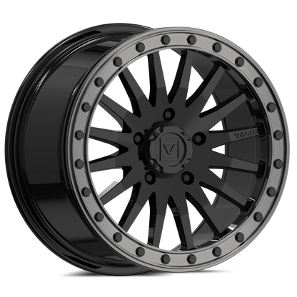 Gloss Black Valor V06 Beadlock UTV Wheel for side-by-sides, engineered for durability and off-road performance.