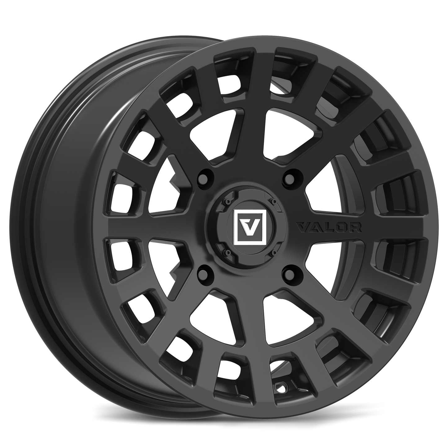 Black alloy wheel with a visible brand logo on a white background