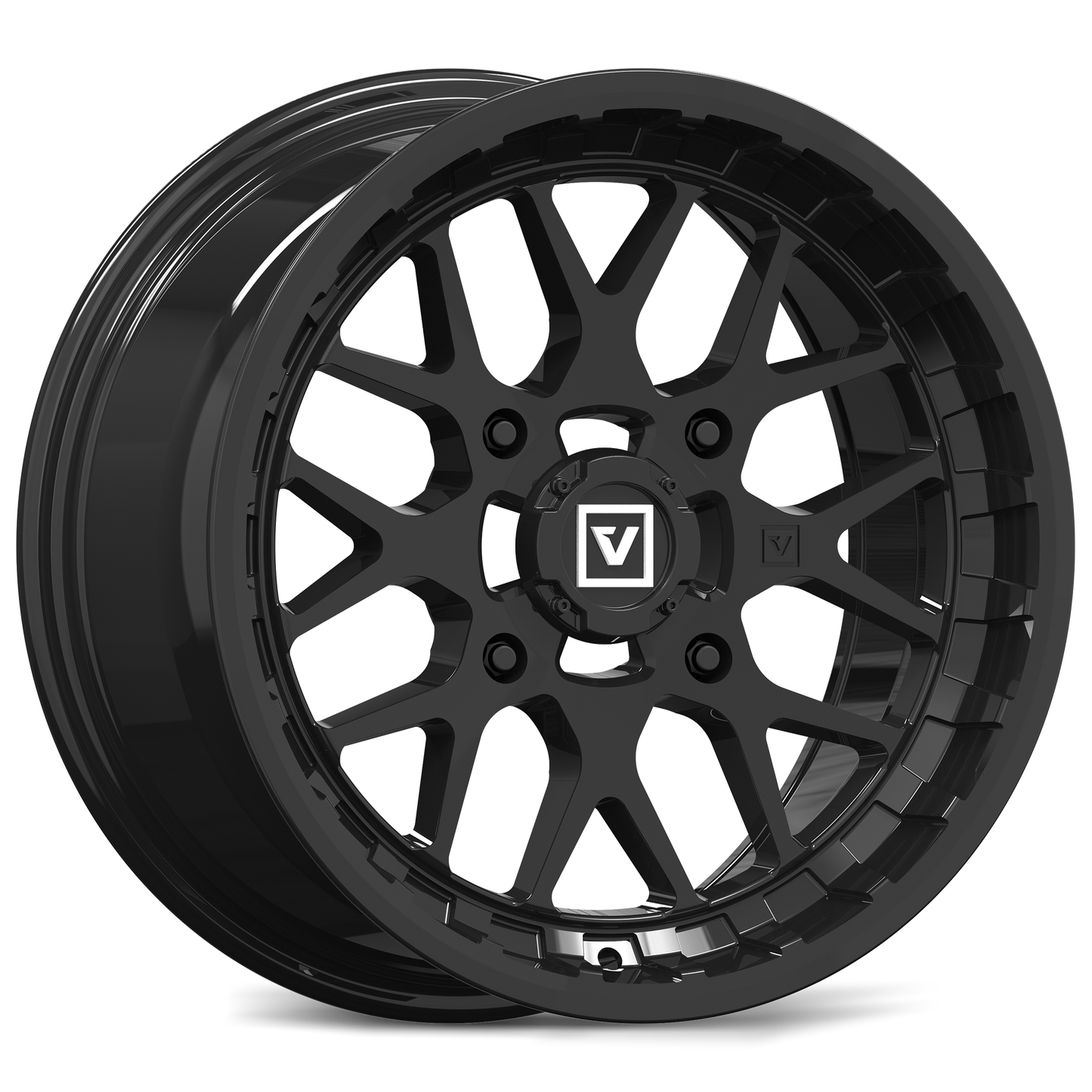 Black alloy wheel with a visible brand logo on a white background