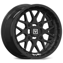 Black alloy wheel with a visible brand logo on a white background