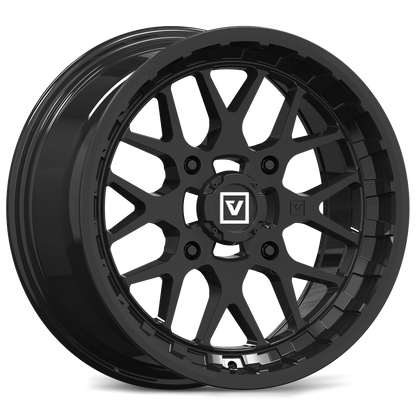 Black alloy wheel with a visible brand logo on a white background