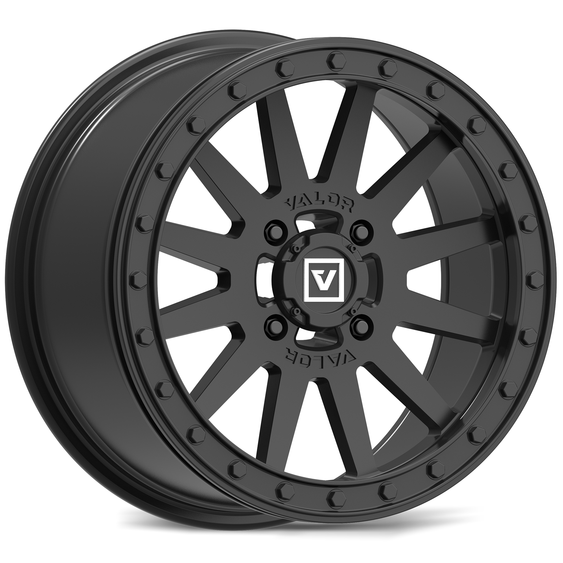 Black alloy wheel with visible brand logo on a white background