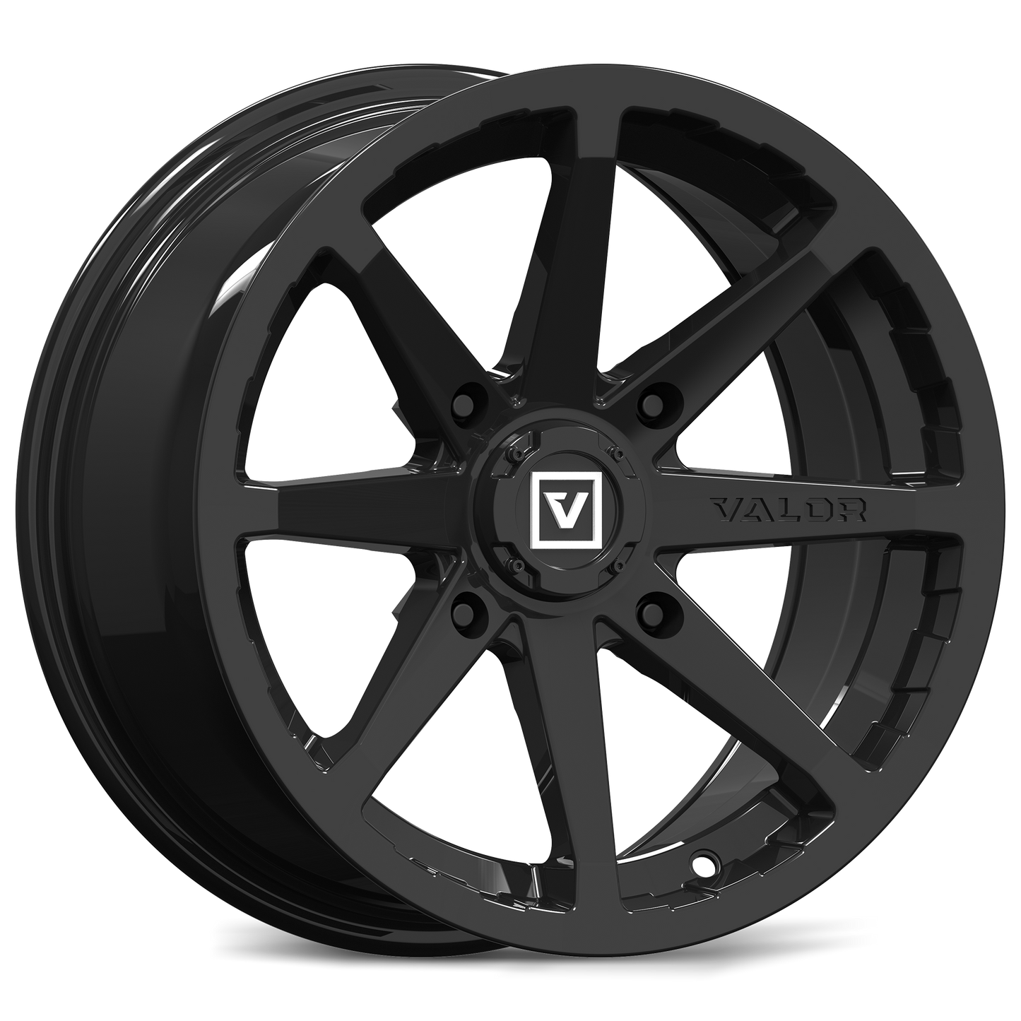 Black alloy wheel with 'Valor' branding on a white background