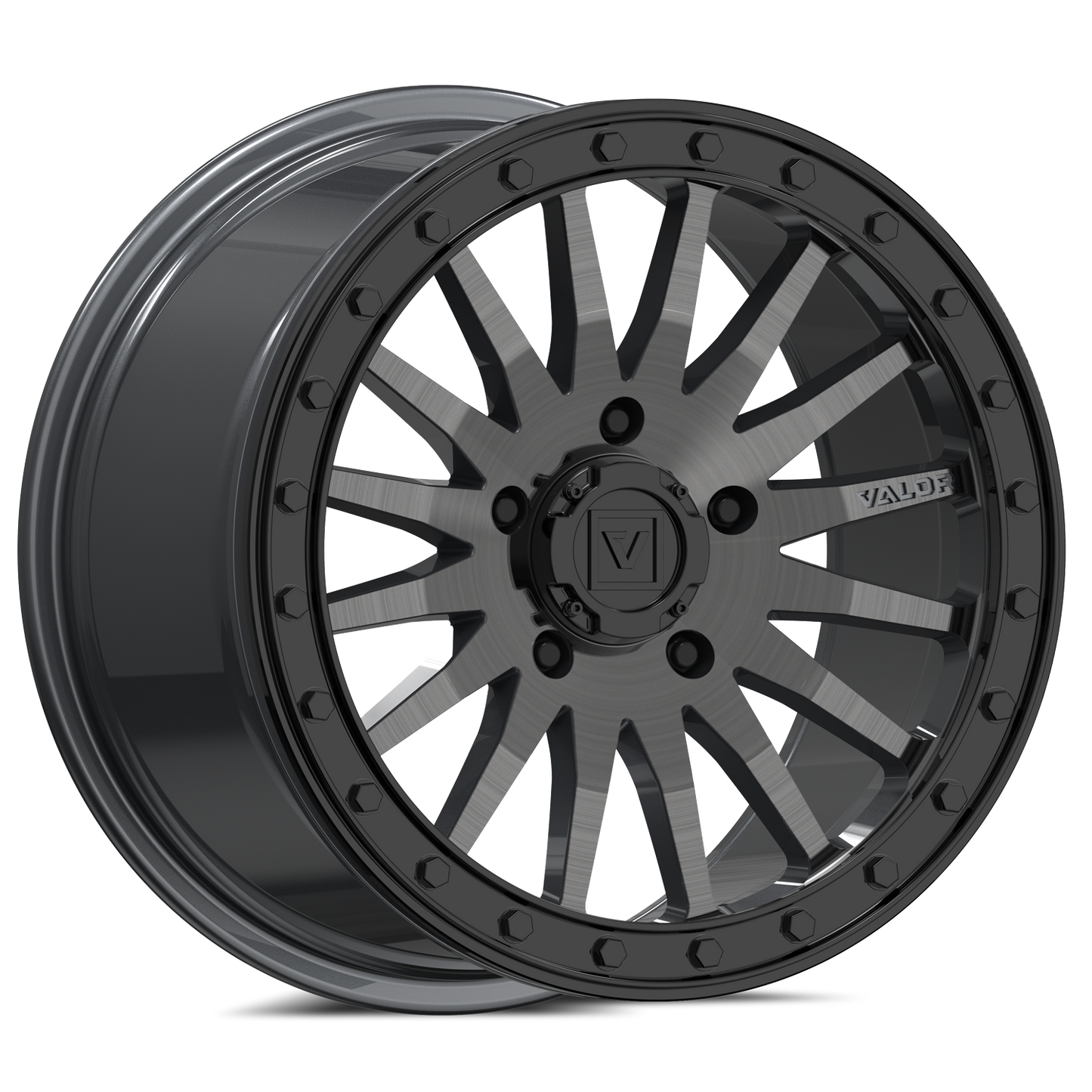 Gray and black multi spoke beadlock wheel with black centercap