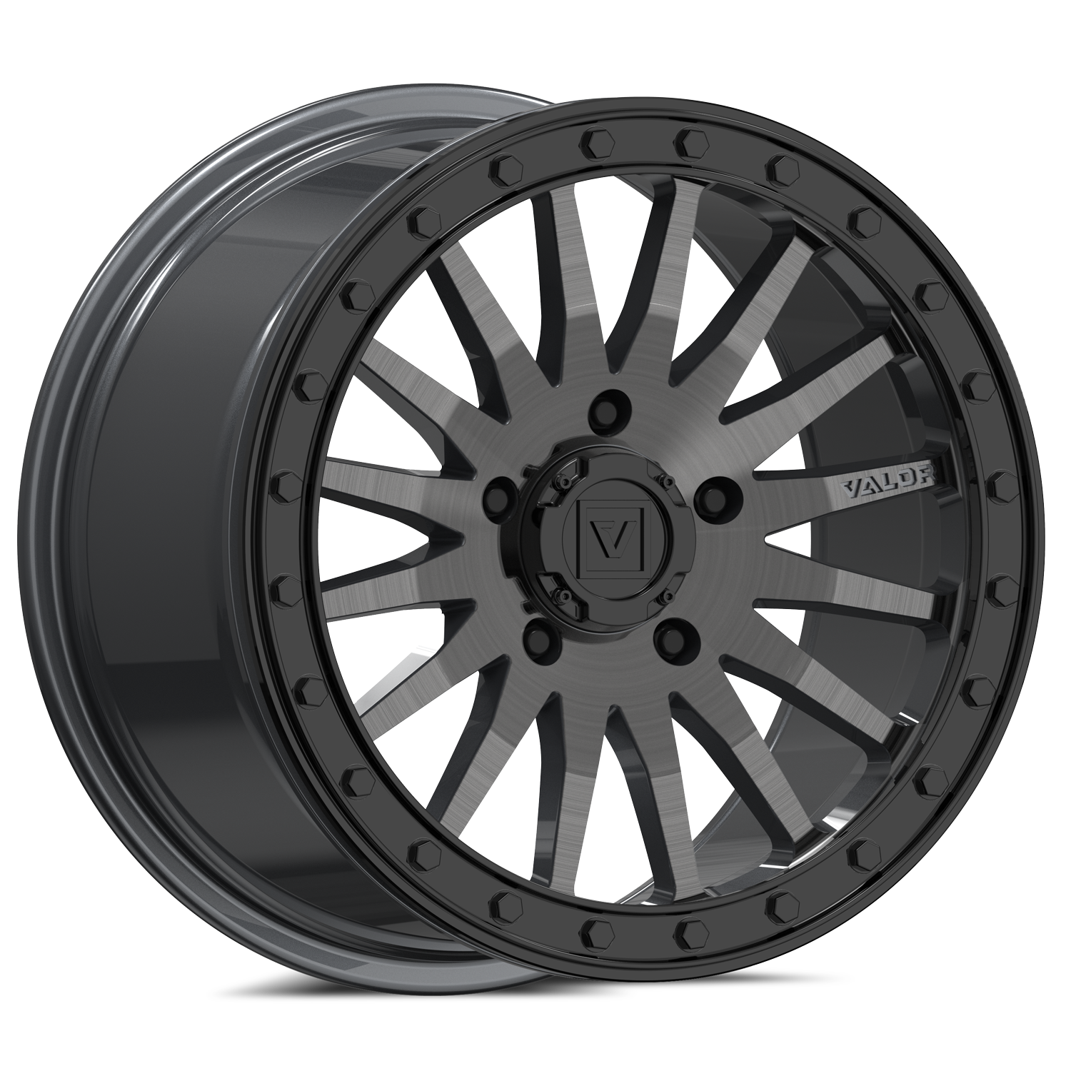 Gray and black multi spoke beadlock wheel with black centercap