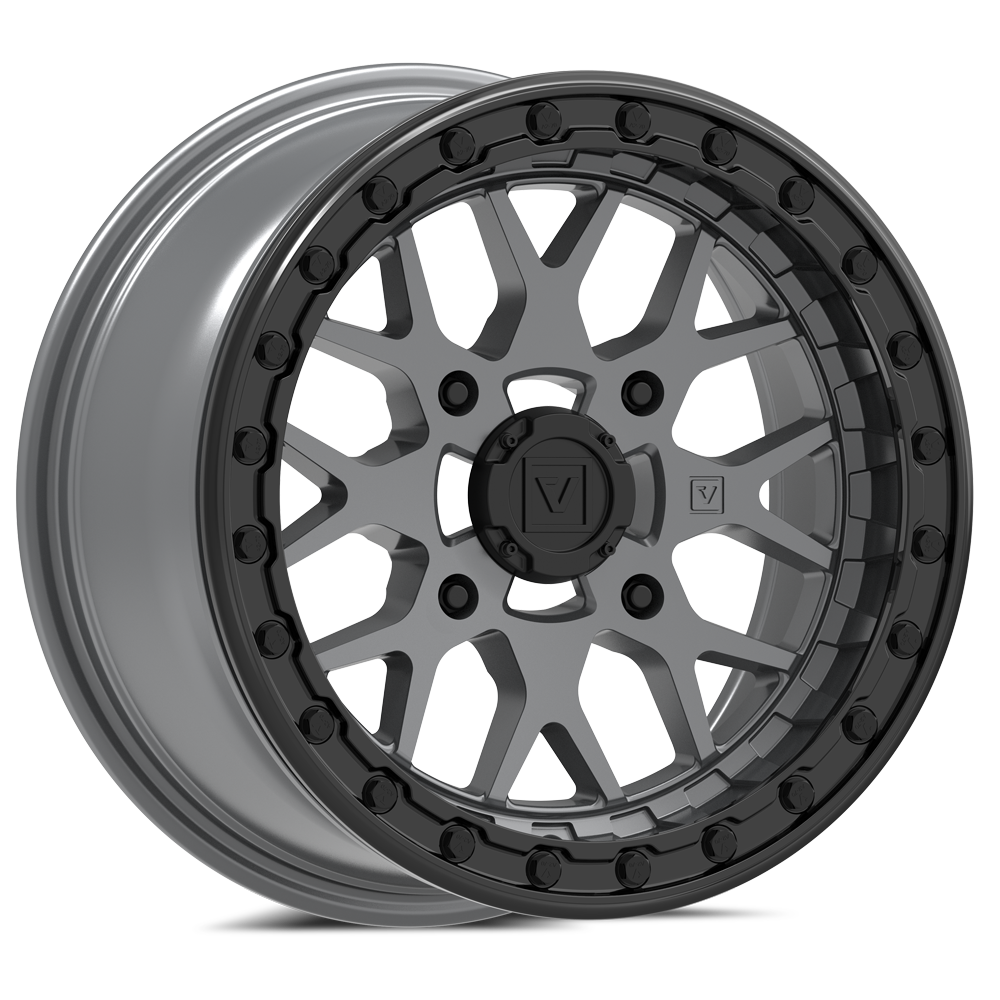 Gray alloy wheel with a black center on a white background