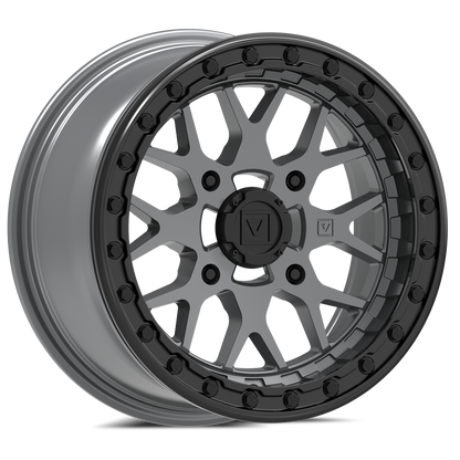 Gray alloy wheel with a black center on a white background