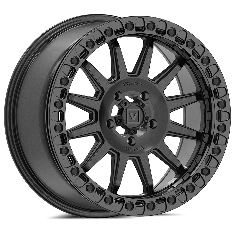 Black alloy wheel with visible brand logo on a white background